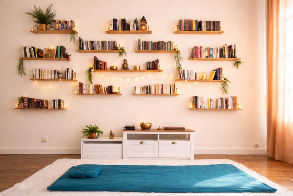 Espace de massage et méditation lumineux avec tapis au sol, étagères murales en bois, livres, plantes et ambiance zen et chaleureuse.